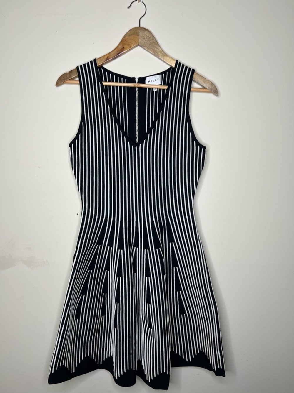Milly Black and White Vertical-Stripe V-Neck Sleeveless Dress